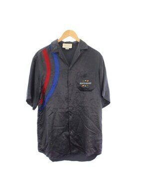 Gucci Bowling Shirt 44 Navy Open Collar Short Sleeve Embroidery YM